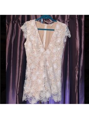 White Floral Lace V-Neck Dress with Nude Lining